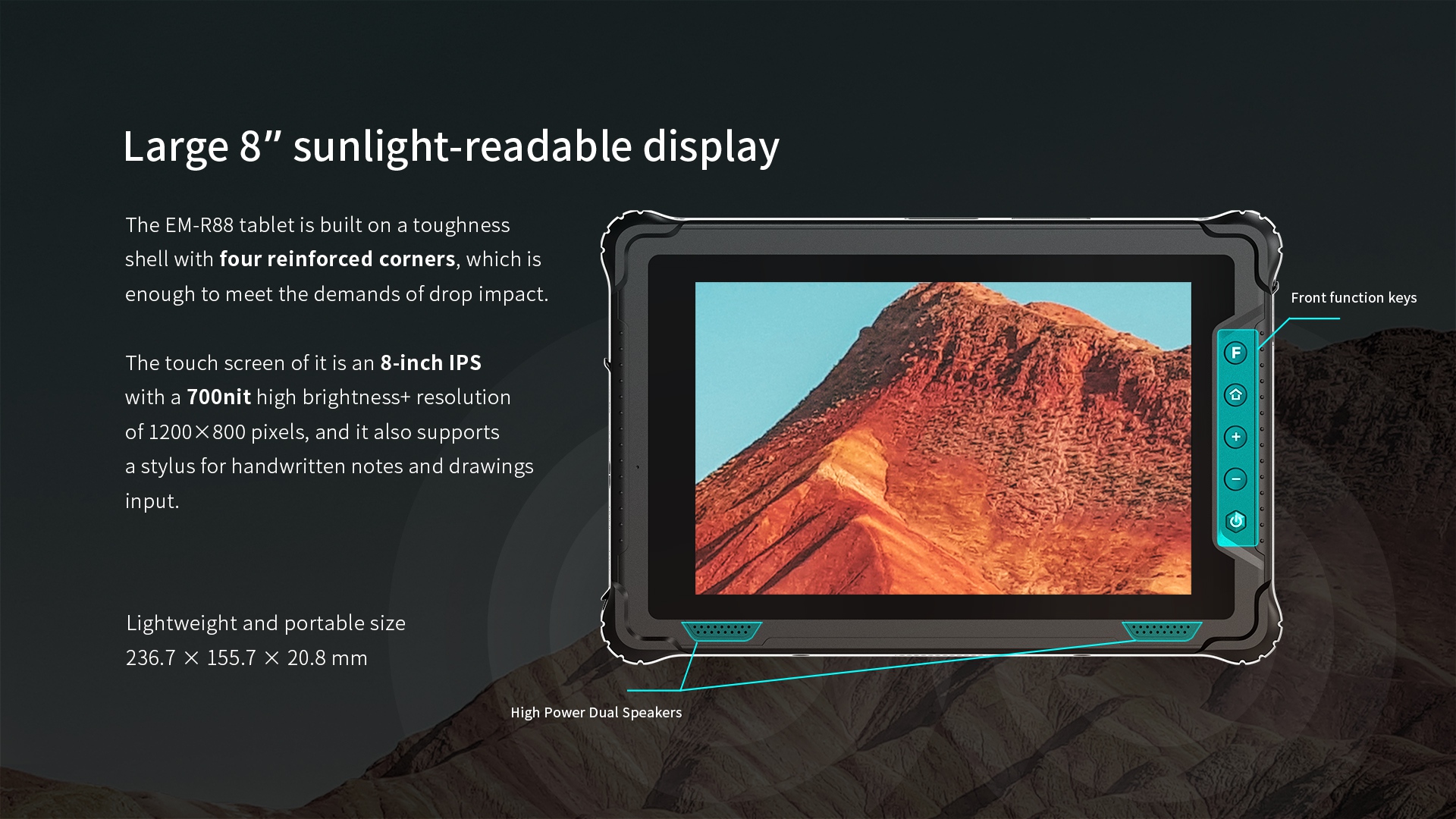 EM-R88 tablet with 8-inch sunlight-readable IPS display, 700nit, 1200x800 resolution, stylus support, reinforced corners, and dual speakers, 236.7x155.7x20.8mm.