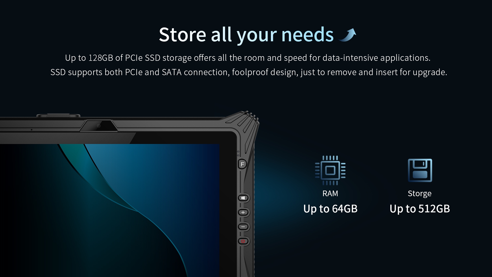 Up to 128GB of PCle SSD storage offers all the room and speed for data-intensive applications.