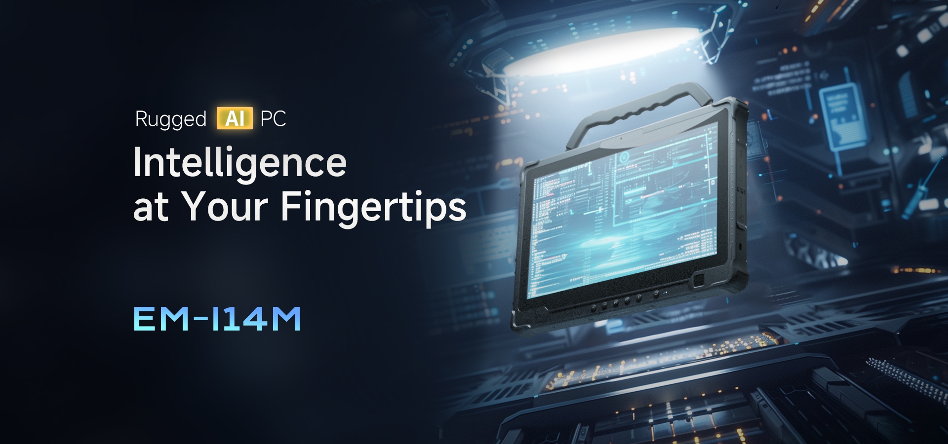 The EM-I14M Rugged AI PC, a durable tablet computer with a carrying handle, displaying an advanced user interface.