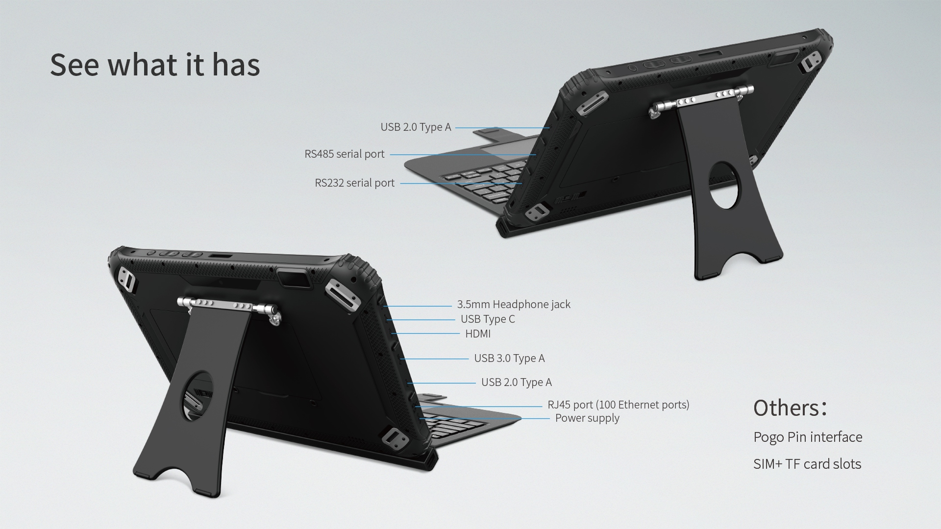 A diagram showcasing the rugged tablet's extensive I/O ports, including multiple USB types, HDMI, RJ45 Ethernet, and legacy serial ports (RS232/RS485).