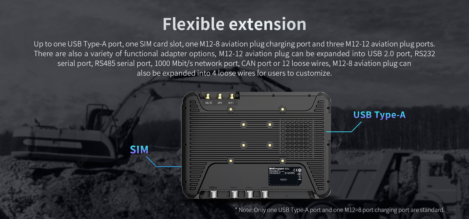 Up to one UsB Type-A port, one SlM card slot, one M12-8 aviation plug charging port and three M12-12 aviation plug ports