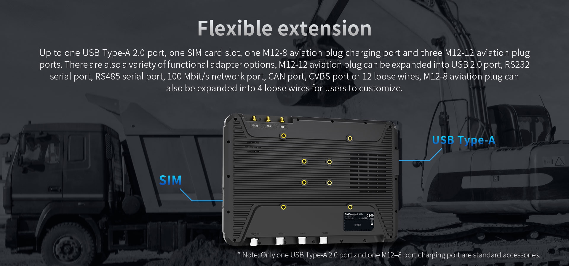V10T tablet with USB 2.0, SIM slot, M12-8/M12-12 aviation plugs, expandable to RS232, RS485, CAN, CVBS, or Ethernet for flexible connectivity