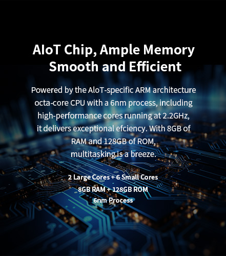 Powered by the AloT-specifc ARM architecture octa-core cPU with a 6nm process,including cores running at 2.2GHz. With 8GB of RAM and 128GB of ROM.