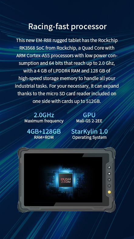 EM-R18 rugged tablet with Rockchip RK3568 Quad Core Cortex-A55 (2.0GHz), 4GB LPDDR4 RAM, 128GB storage, and micro SD up to 512GB for industrial tasks.