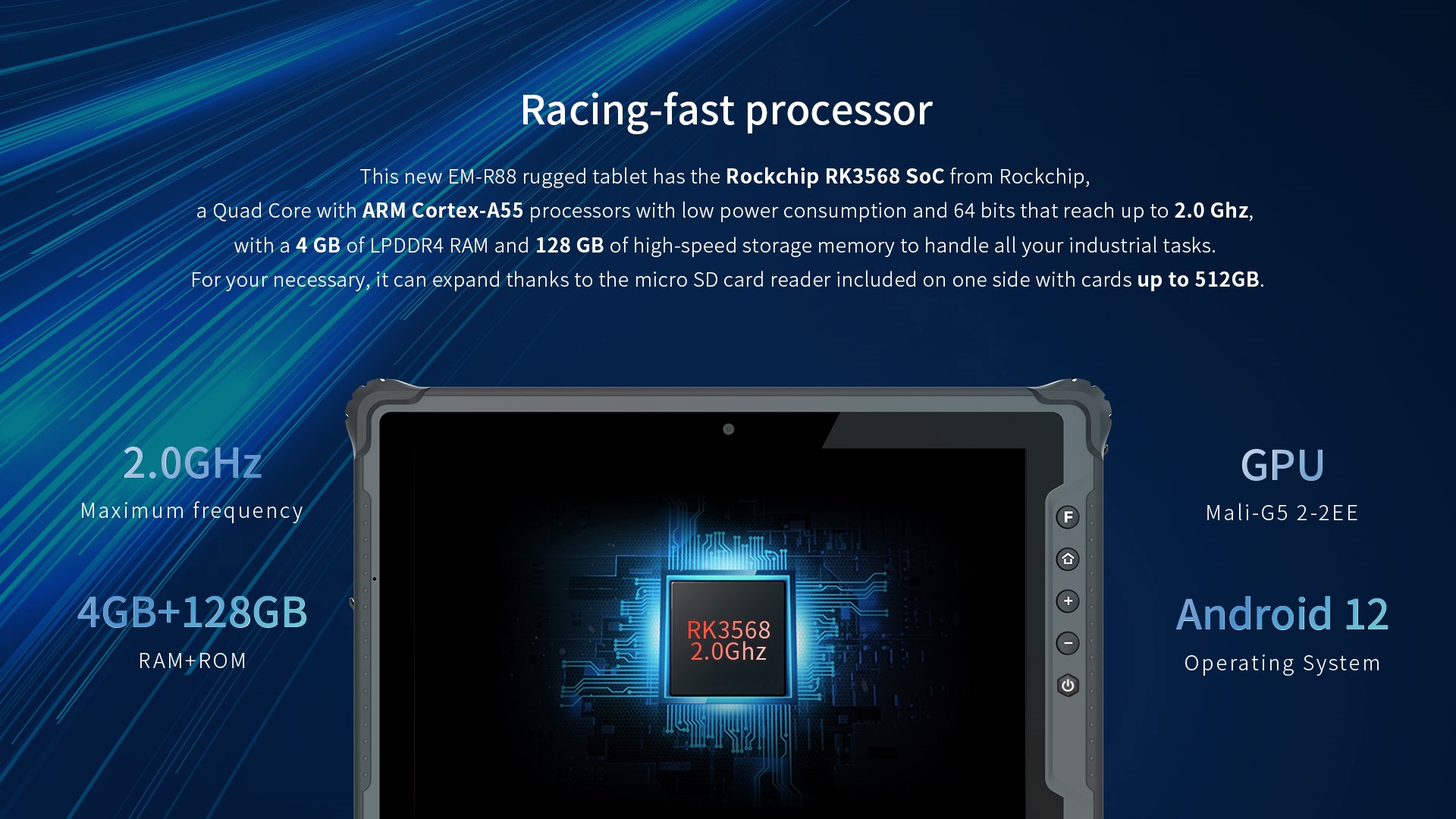 EM-R18 rugged tablet with Rockchip RK3568 Quad Core Cortex-A55 (2.0GHz), 4GB LPDDR4 RAM, 128GB storage, and micro SD up to 512GB for industrial tasks.