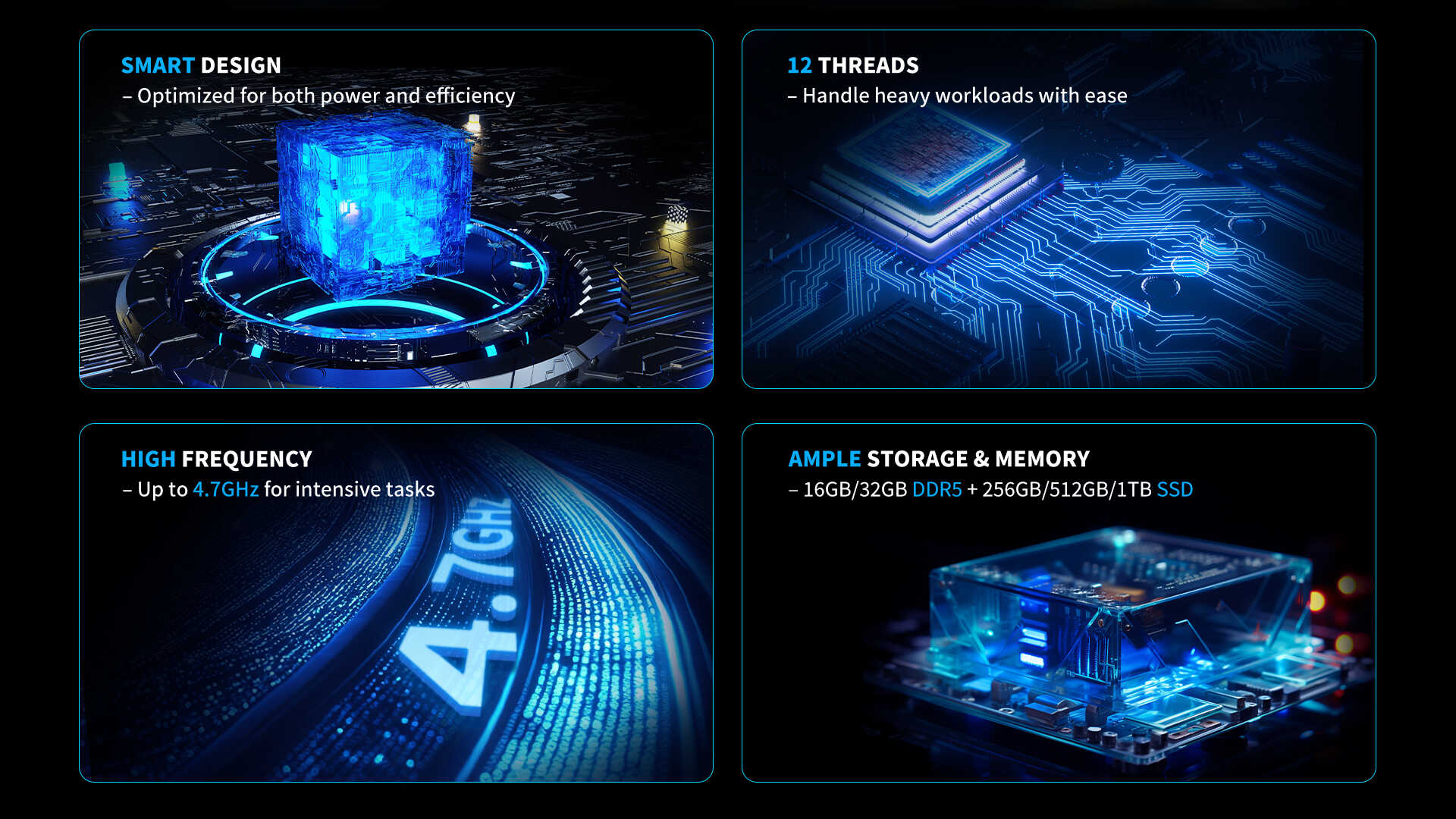 An overview of the device's performance features, detailing its 12-thread, 4.7GHz CPU, and its fast DDR5 RAM and SSD storage options.