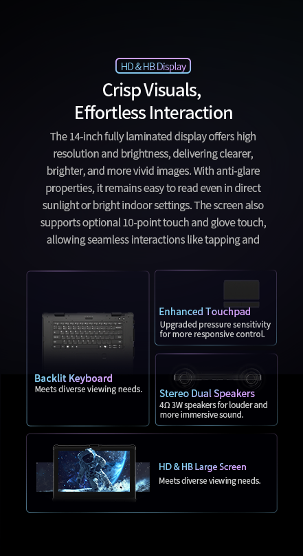 EM-X14M rugged AI PC mobile view with display, keyboard and touchpad for field operations, industrial workflows and mobile productivity