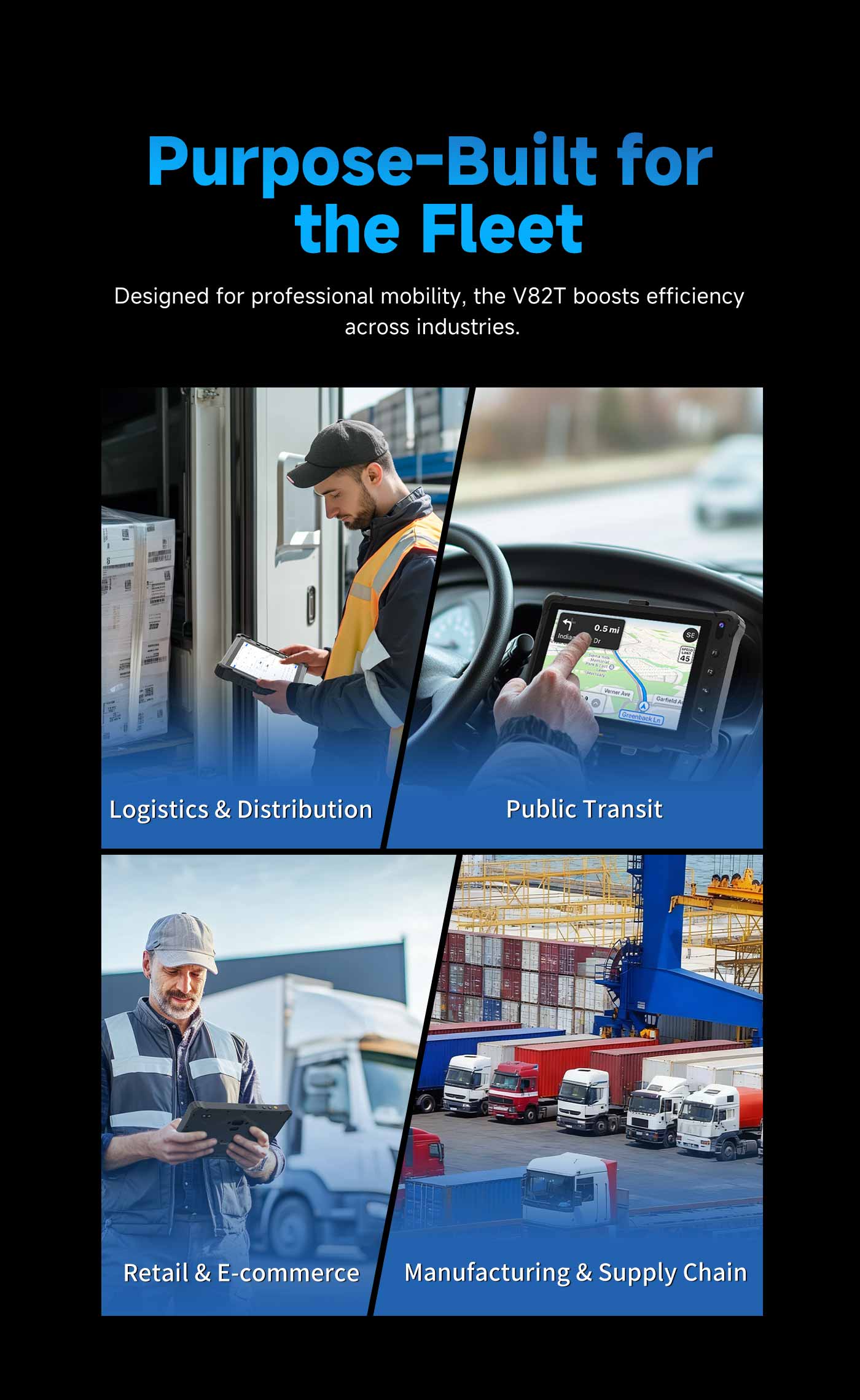 V82T fleet management tablet for logistics, public transit, last-mile delivery and manufacturing supply chain control