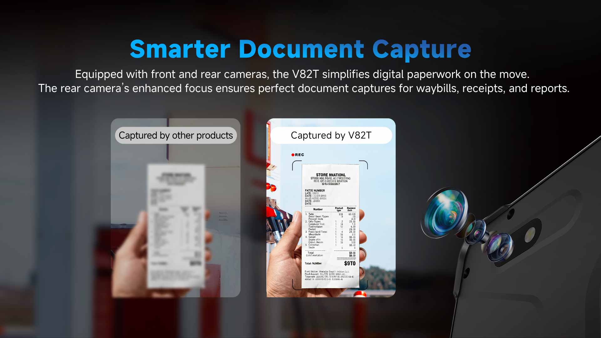 Tablette pour véhicule robuste V82T with front and rear cameras for document capture, waybills, receipts and fleet reports