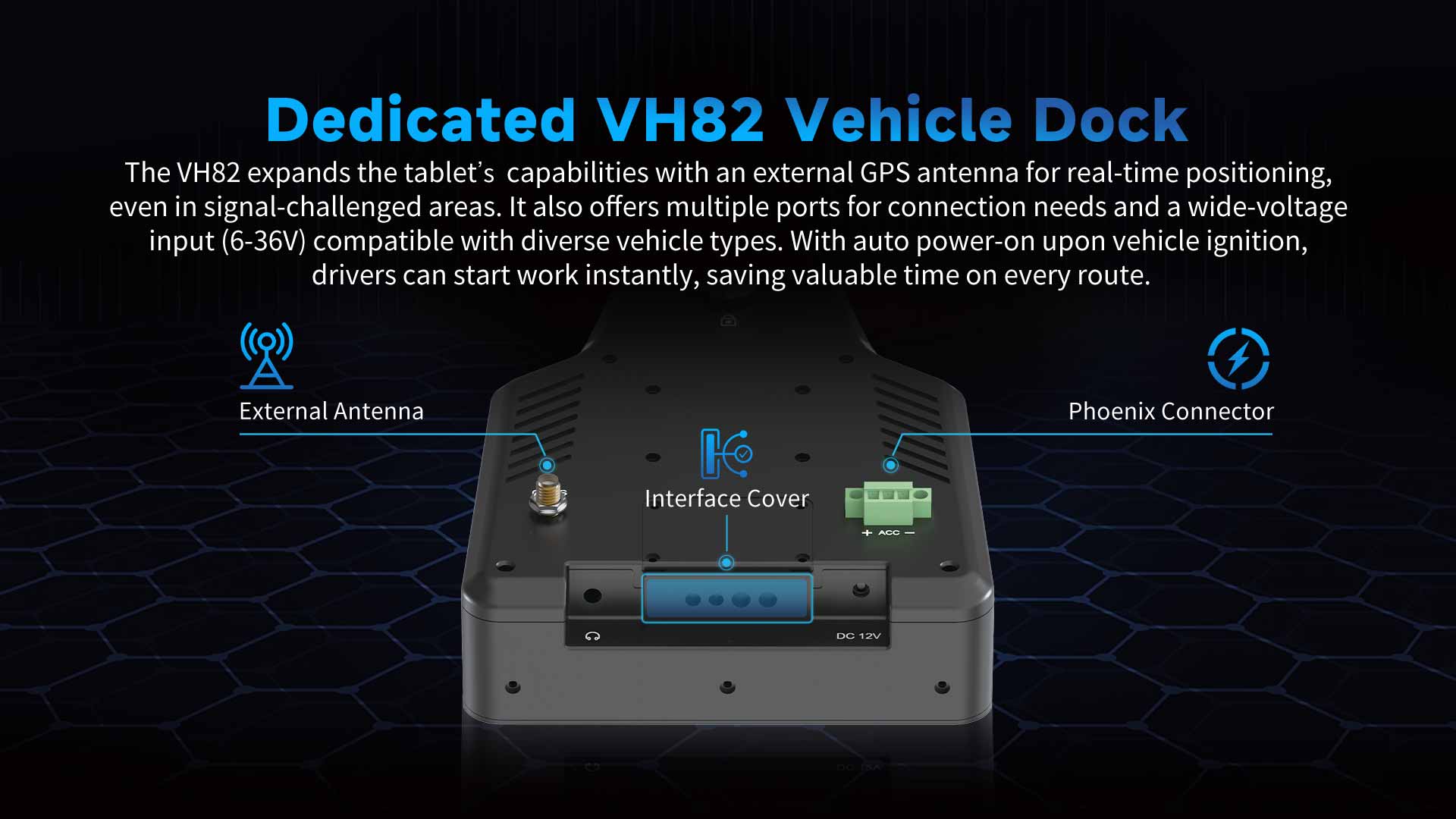 V82T rugged vehicle tablet with dedicated Dock du véhicule VH82, external GPS antenna and 6-36V wide-voltage input
