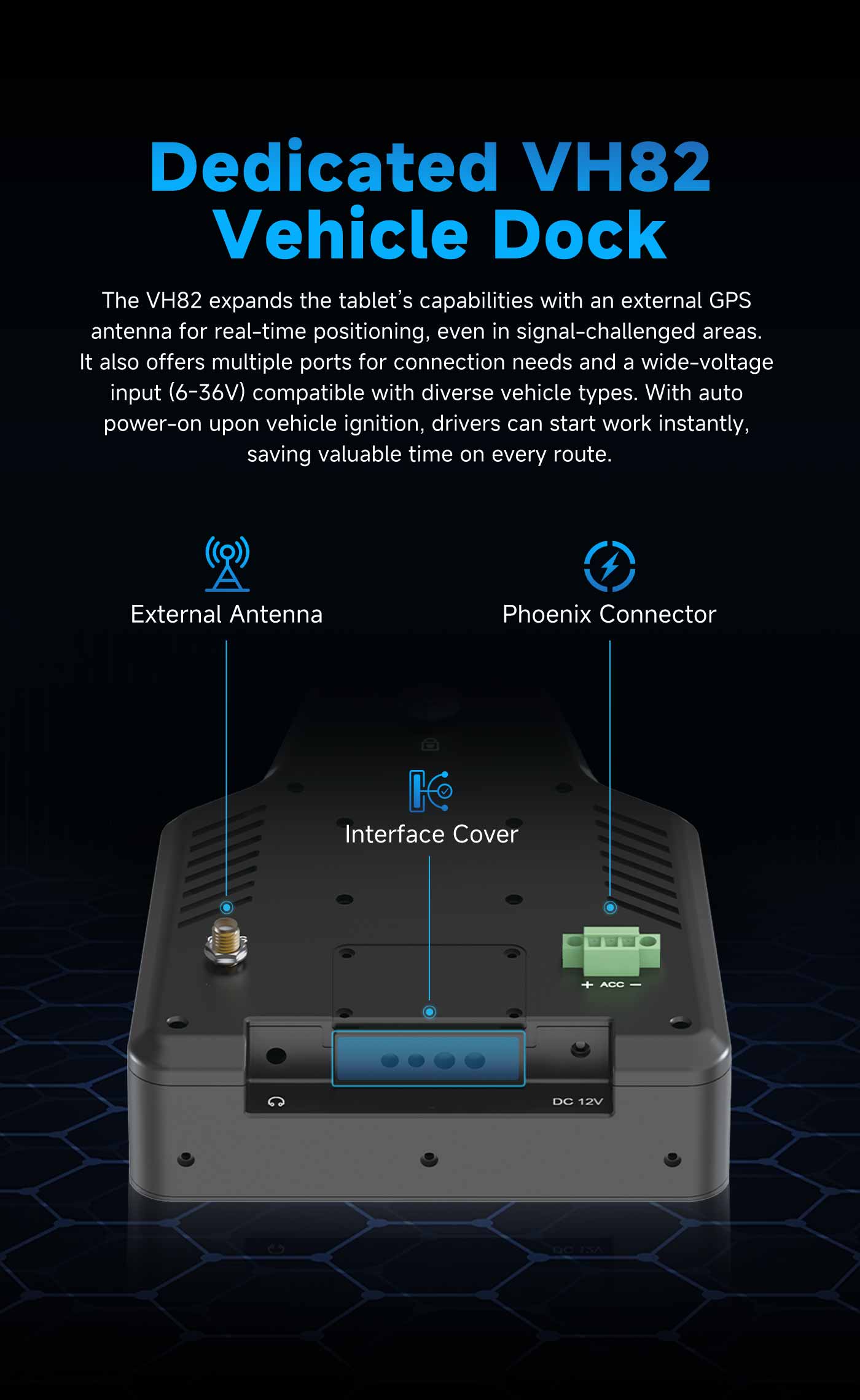 Dock du véhicule VH82 for V82T fleet management tablet with GPS positioning, ignition power-on and vehicle connectivity