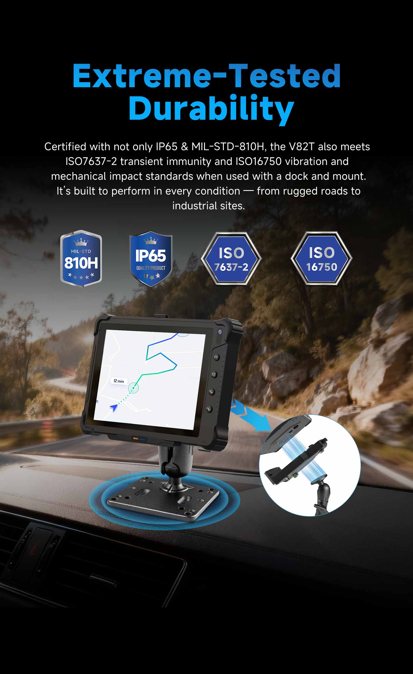 V82T fleet management tablet built for rugged roads, vehicle vibration, mechanical impact and industrial environments