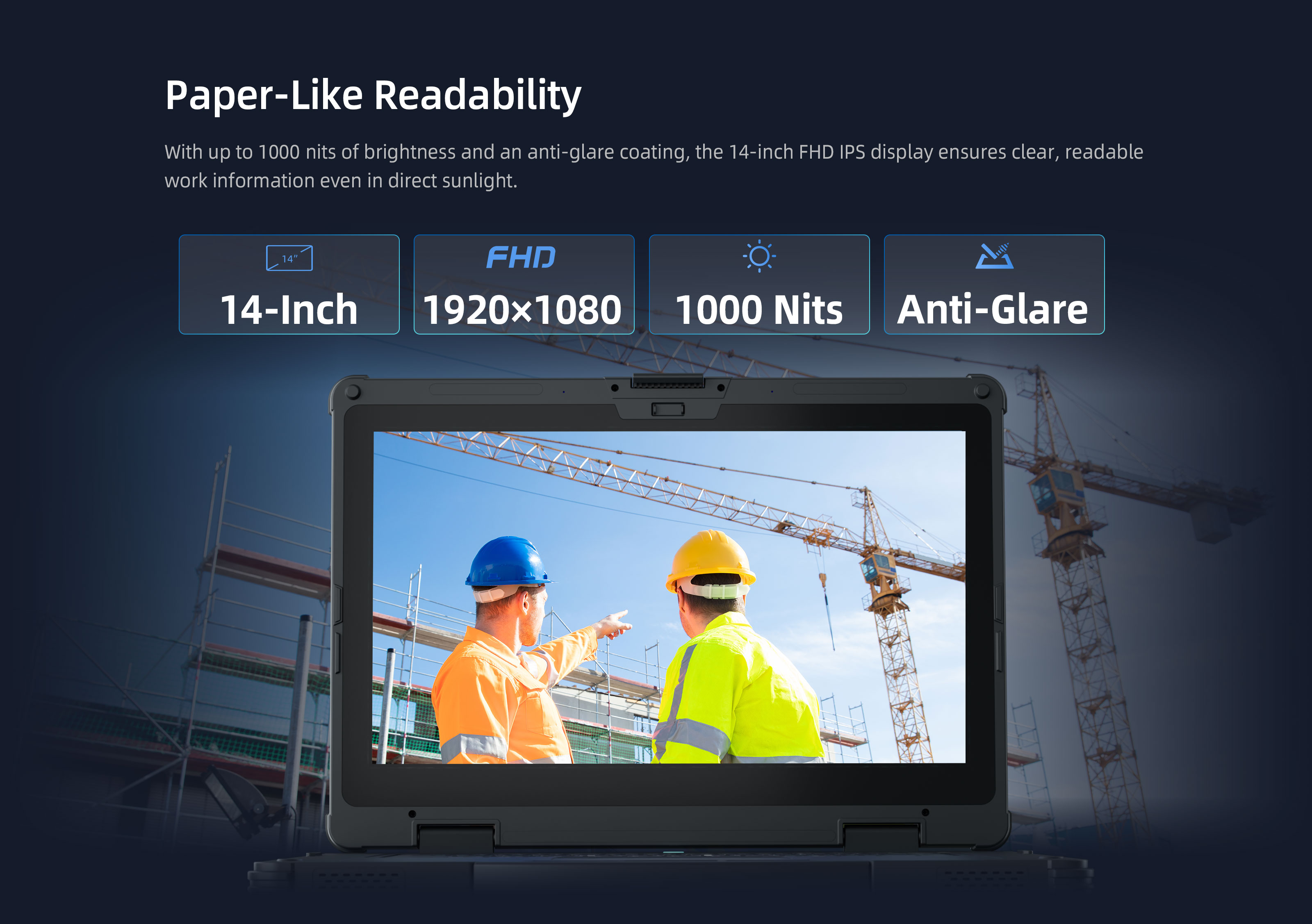 EM-A14 rugged AI laptop with 14-inch FHD IPS 1000 nits sunlight-readable display
