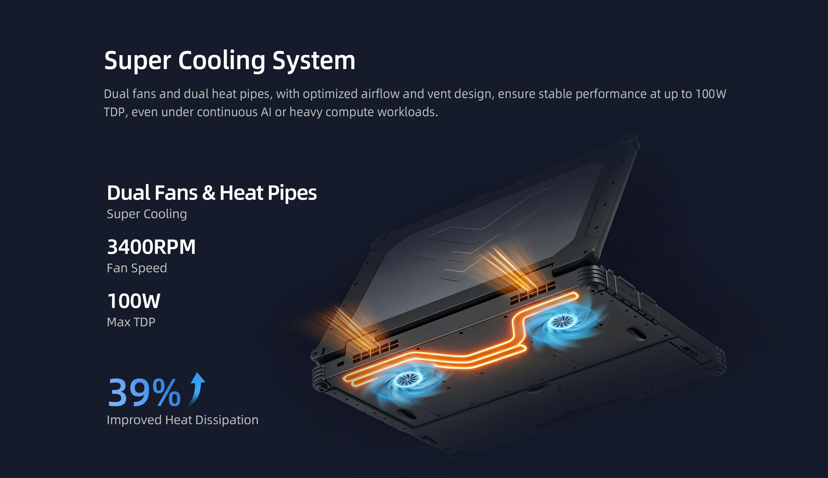 EM-A14 rugged AI laptop with dual-fan cooling for edge AI computing and heavy workloads